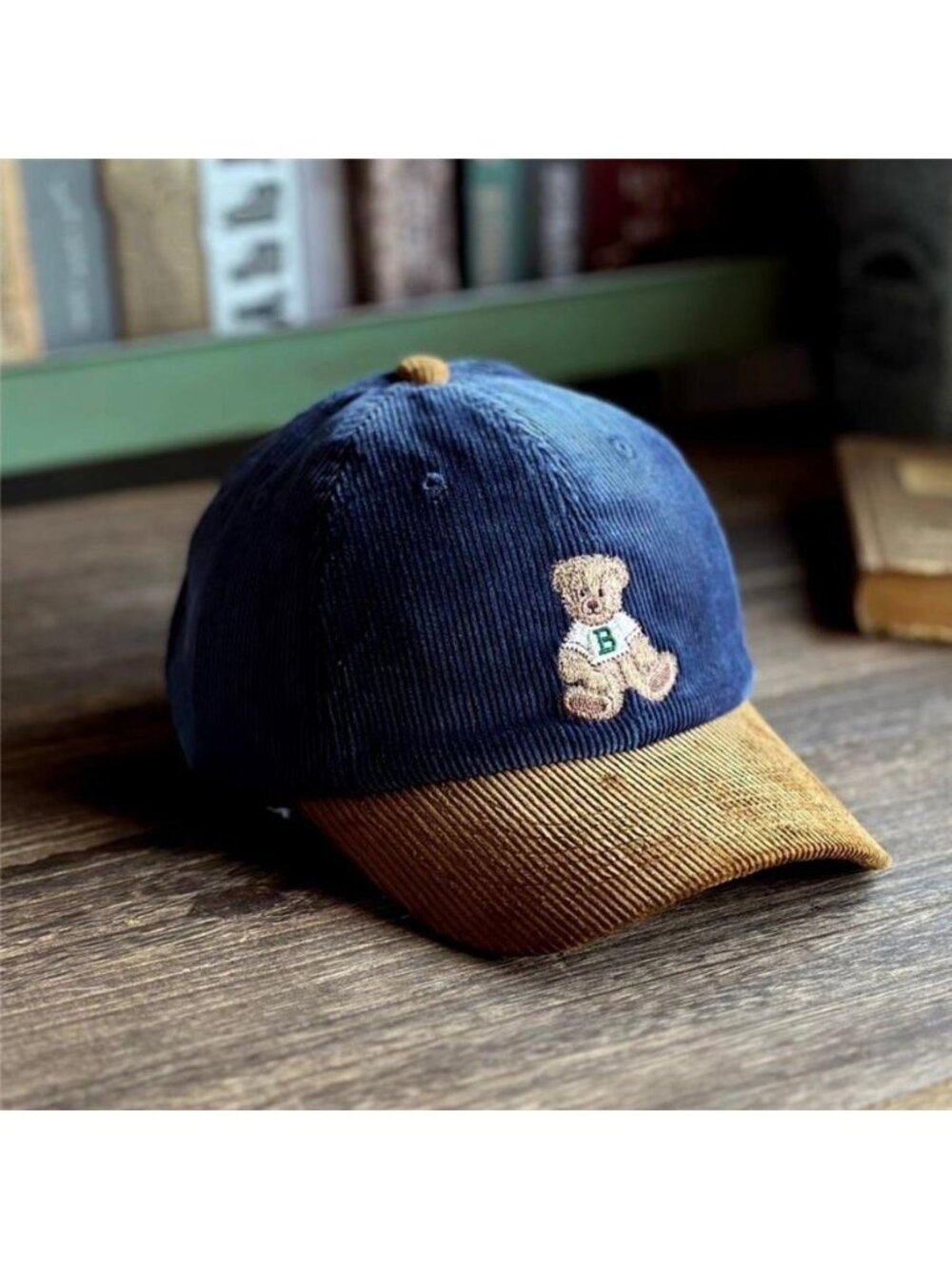 Corduroy Baseball Cap with Embroidered Bear